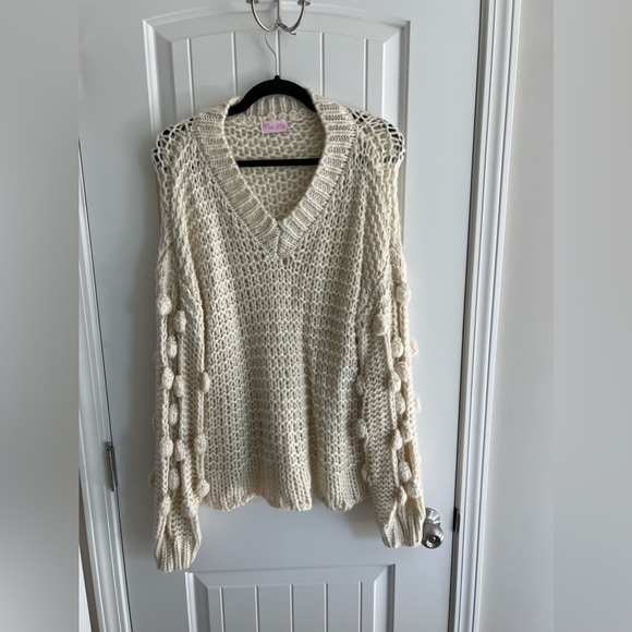 Pink Lily All Eyes On Me Pom Sleeve Sweater Cream - Large - Picture 3 of 7